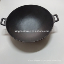 Recubrimiento pre-condimentado de dos manijas para cocinar wok pot de hierro fundido para cocina